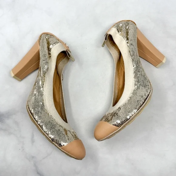 CHANEL CC Coco Mark Sequin Leather Elastic Block Heel Pumps Glam Designer Y2K - Picture 3 of 15